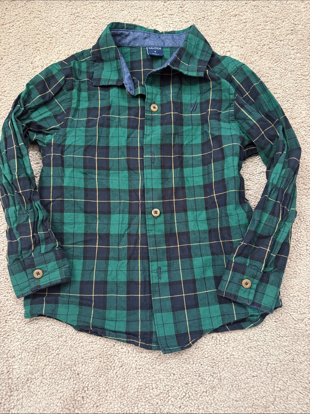 Nautica Green, Navy & Yellow Plaid Boys Size 4 Button Down Shirt